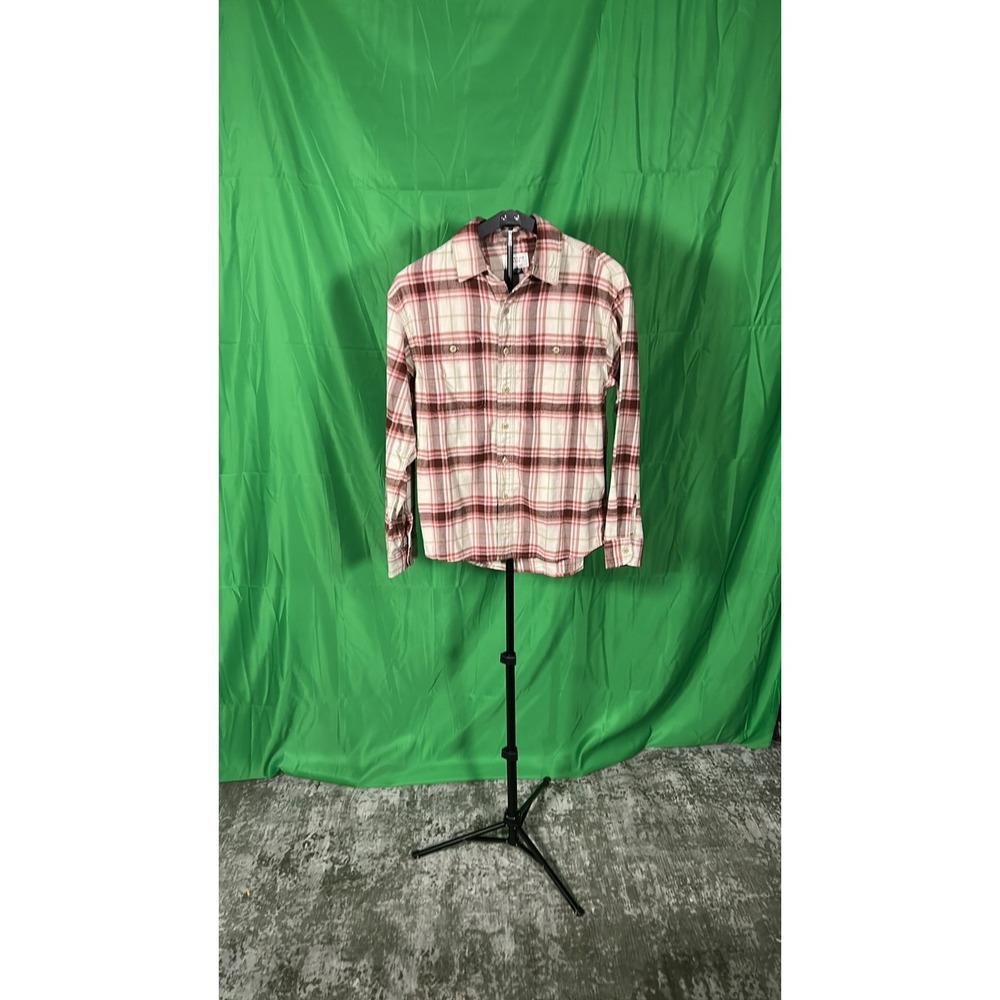 American Eagle Relaxed Fit Plaid Flannel Shirt Cream Burgundy Men XS